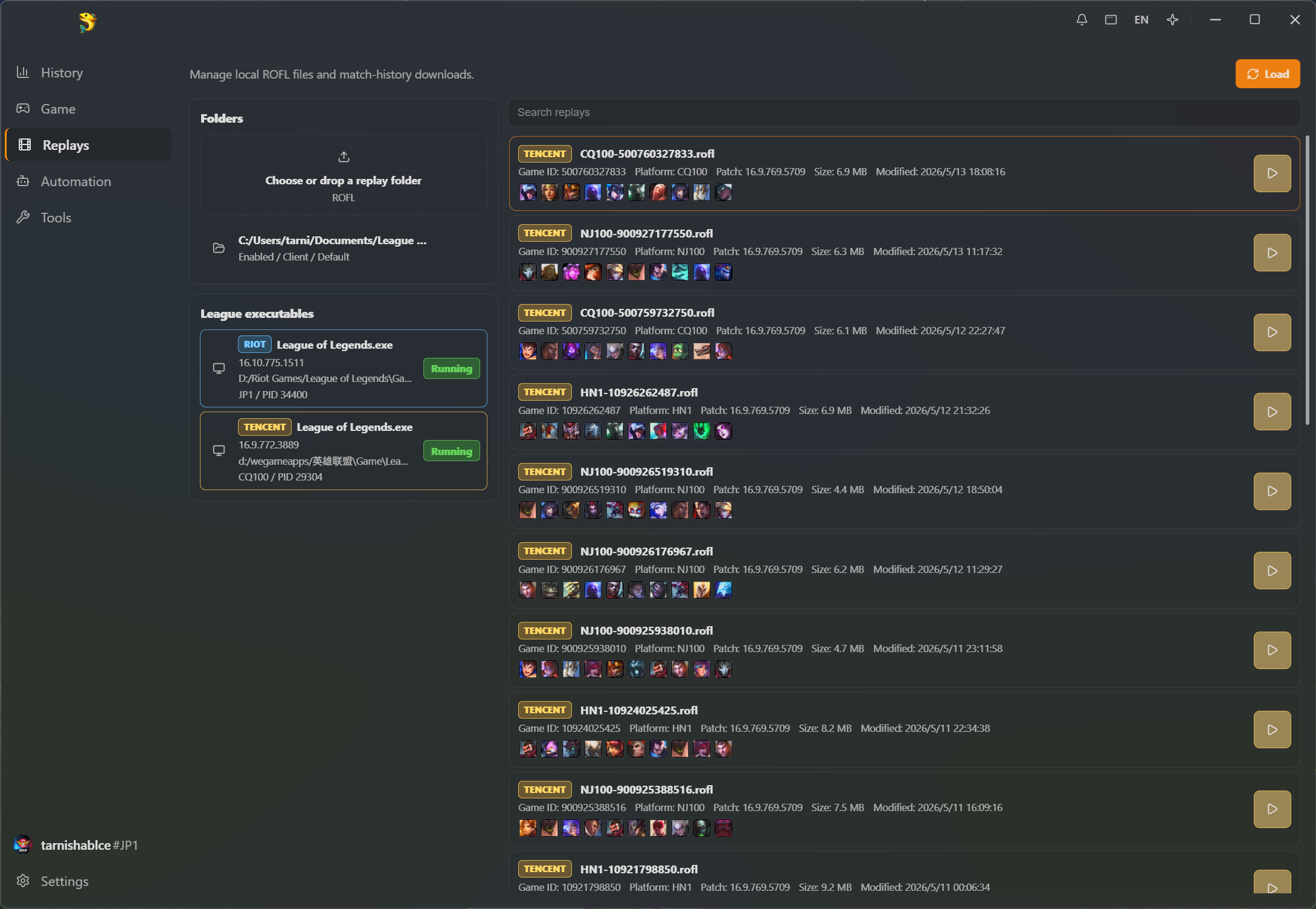 LeagueJax replay manager screen